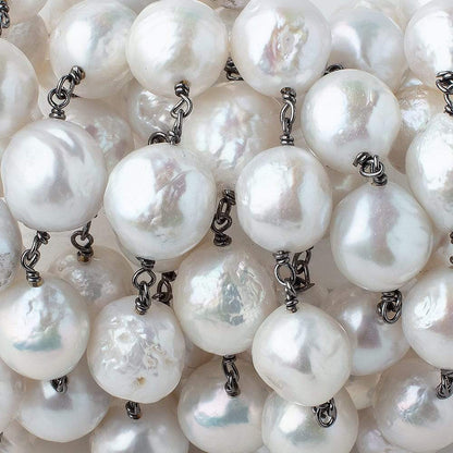 10-13mm White Ultra Baroque Pearls on Black Gold .925 Chain by the foot 17 pcs