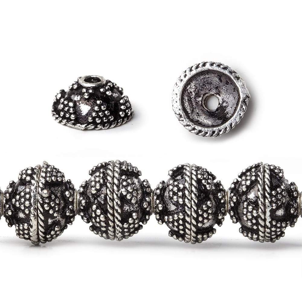 10mm Antiqued Sterling Silver Plated Copper Bead Cap Roval Miligrain Triangle 8 inch 44 beads