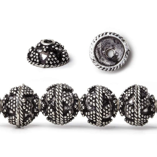 10mm Antiqued Sterling Silver Plated Copper Bead Cap Roval Miligrain Triangle 8 inch 44 beads