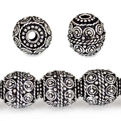 10mm Antiqued Sterling Silver Plated Copper Bead Roval, Concentric Circles 8 inch 18 pcs