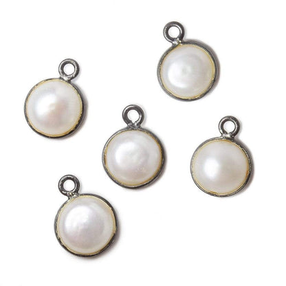 10mm Black Gold Bezel Off White Button Pearl Pendant 1 piece