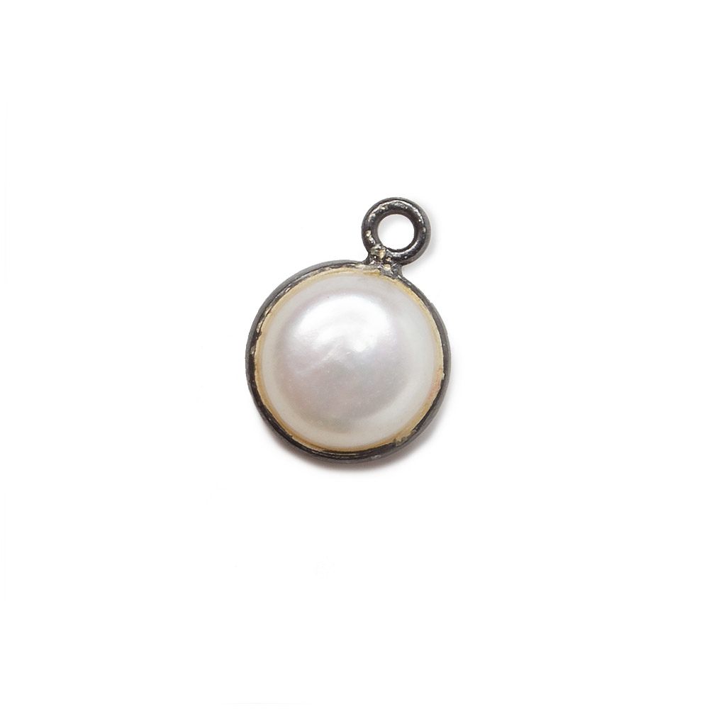 10mm Black Gold Bezel Off White Button Pearl Pendant 1 piece