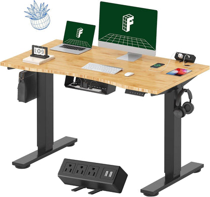 EN2 Height Adjustable Electric Standing Desk - 48"x30" with Clamp Power Strip & Cable Management (Gray Frame + Mahogany Top)