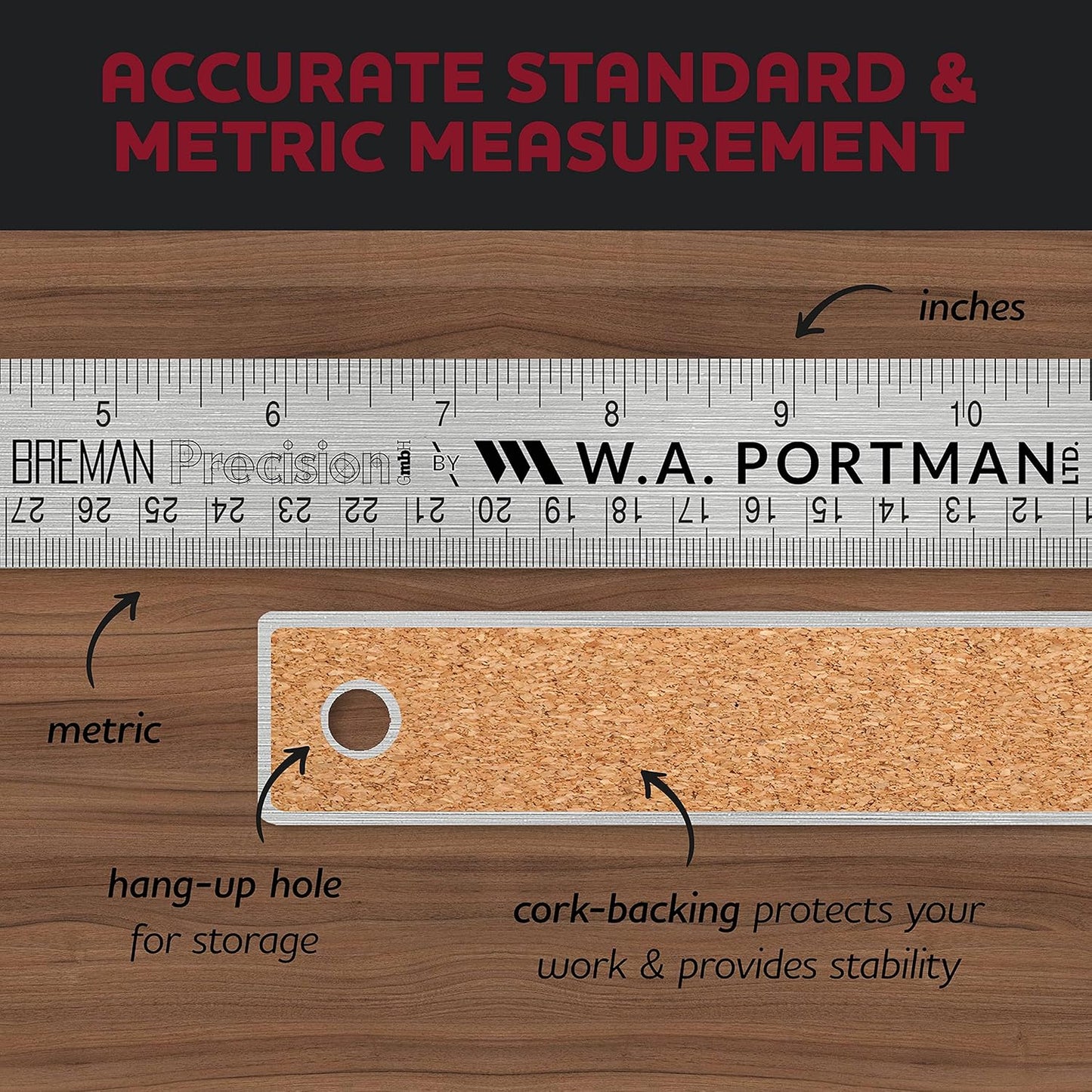 Metal Ruler 36 Inch Cork Back - Straight Edge 36 Inch Metal Ruler - Flexible & Non-Slip Stainless Steel - Imperial & Metric Graduations for Precision Measuring