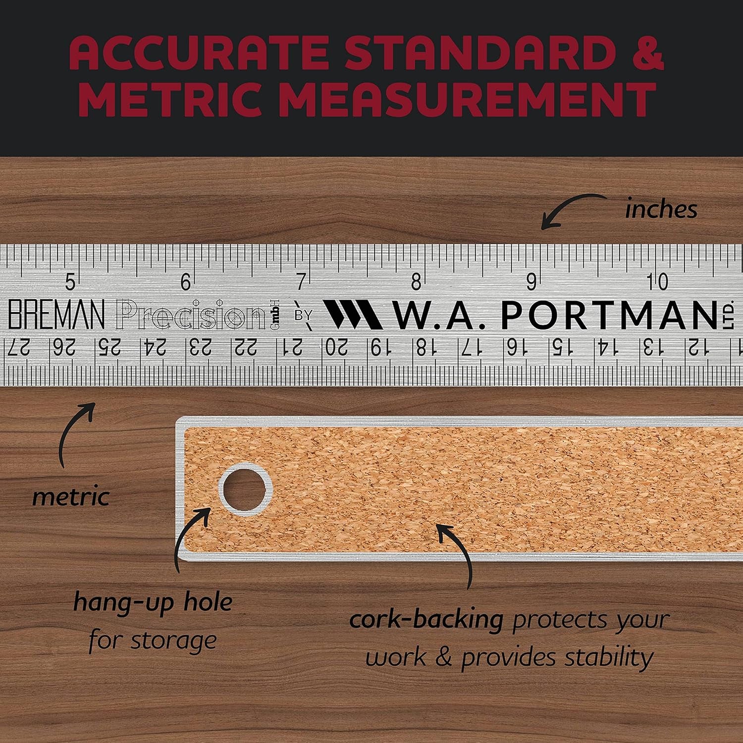 Metal Ruler 36 Inch Cork Back - Straight Edge 36 Inch Metal Ruler - Flexible & Non-Slip Stainless Steel - Imperial & Metric Graduations for Precision Measuring