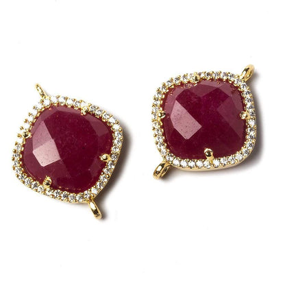 16x16mm Gold Bezeled White CZ and Ruby Pillow Connector 1 piece