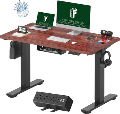 EN2 Height Adjustable Electric Standing Desk - 48"x30" with Clamp Power Strip & Cable Management (Gray Frame + Mahogany Top)