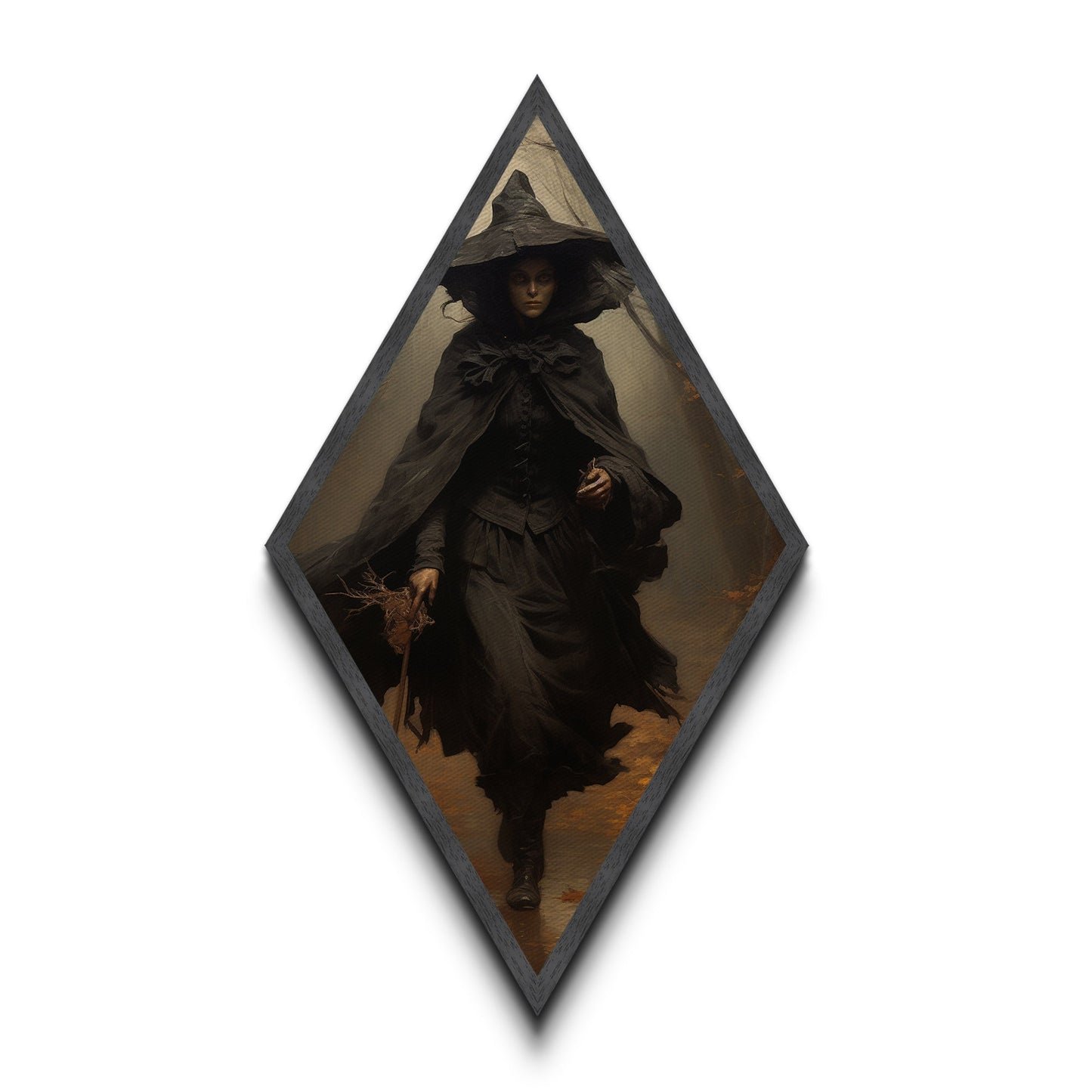 "Witch in the Woods" Canvas Embossed Print of Gothic Forest Sorceress, Diamond Shaped Art for Dark Academia Halloween or Victorian Occult Decor