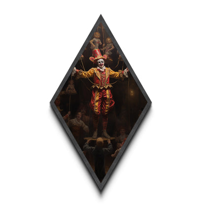 "The Hollow Ringleader" Diamond Shaped Art of Marionette Clown Canvas Embossed Print, Gothic Halloween Carnival Decor in Dark Circus Style