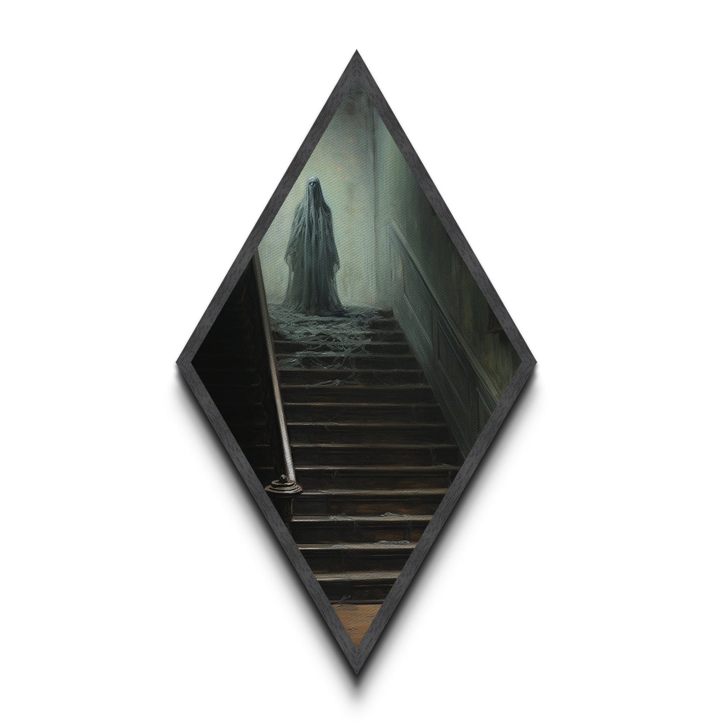 "The Waiting Cold" Haunted Stairwell Ghost Canvas Embossed Print, Diamond Shaped Art for Dark Academia Halloween or Gothic Paranormal Decor