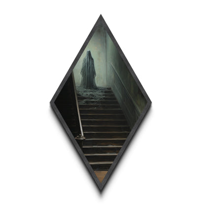 "The Waiting Cold" Haunted Stairwell Ghost Canvas Embossed Print, Diamond Shaped Art for Dark Academia Halloween or Gothic Paranormal Decor