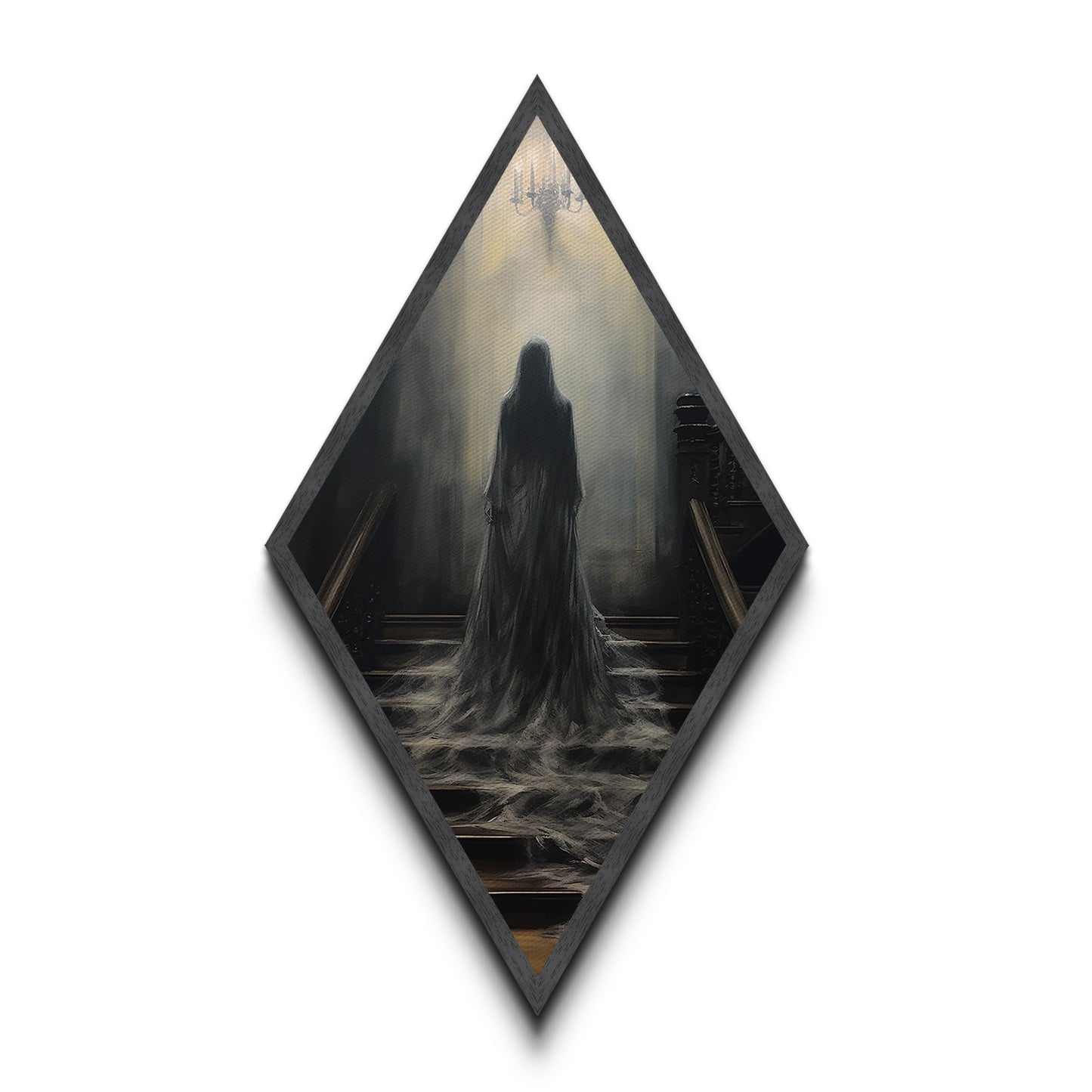 "Chandelier of Silence" Canvas Embossed Print of Spectral Figure Below Light, Diamond Shaped Art for Gothic Paranormal or Halloween Decor