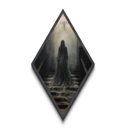 "Chandelier of Silence" Canvas Embossed Print of Spectral Figure Below Light, Diamond Shaped Art for Gothic Paranormal or Halloween Decor