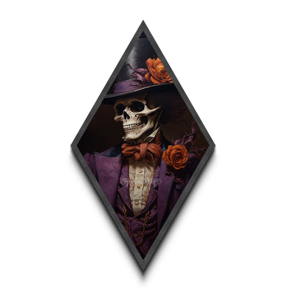 Skeleton in Purple Suit with Roses Diamond Shaped Art Canvas Art Print Romantic Gothic Halloween Dark Dandy Wall Decor