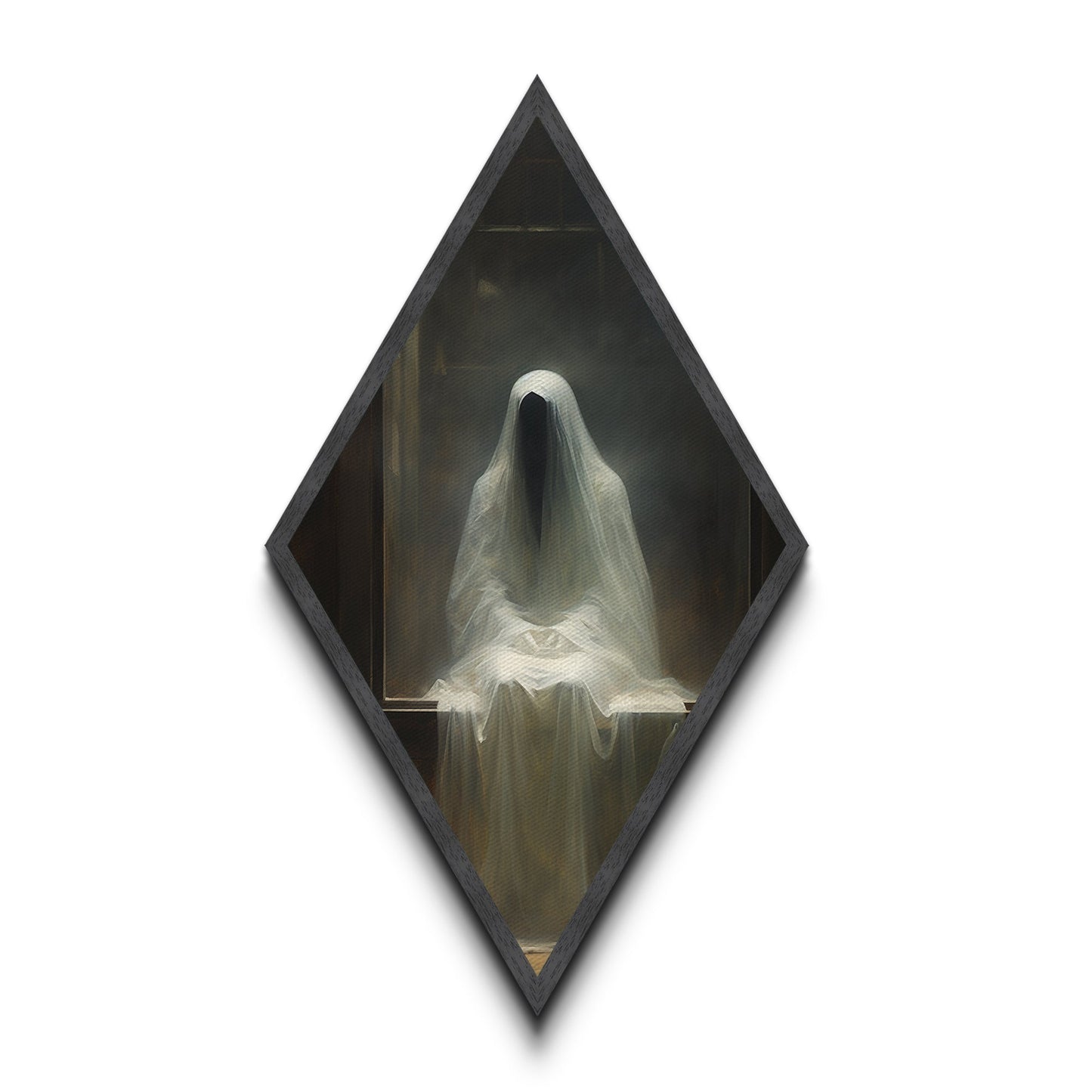 Diamond Shaped Art Phantom Figure Canvas Embossed Print, Dark Academia Halloween Wall Decor, Gothic Veiled Spirit Paranormal Painting