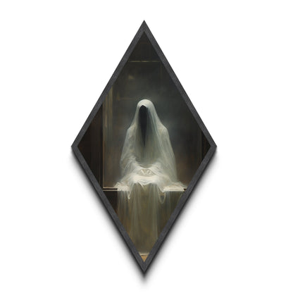 Diamond Shaped Art Phantom Figure Canvas Embossed Print, Dark Academia Halloween Wall Decor, Gothic Veiled Spirit Paranormal Painting