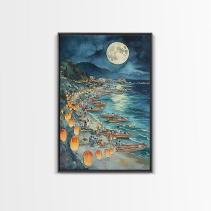 Japanese Paper Lamps Framed Canvas Print, Isamu Noguchi Akari Latern Festival, Christmas Decor