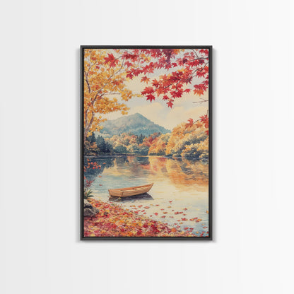 Canoe On A Serene Fall Lake, Framed Canvas Print, Autumn Decor, Fall Wall Art, Fall Poster, Autumn Prints Wall Art