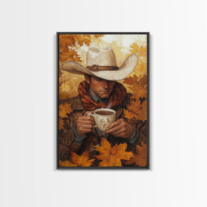 Cowboy Holding Hot Drink Framed Canvas Print - Moody Winter Landscape Art Perfect 2024 Christmas Wall Decor