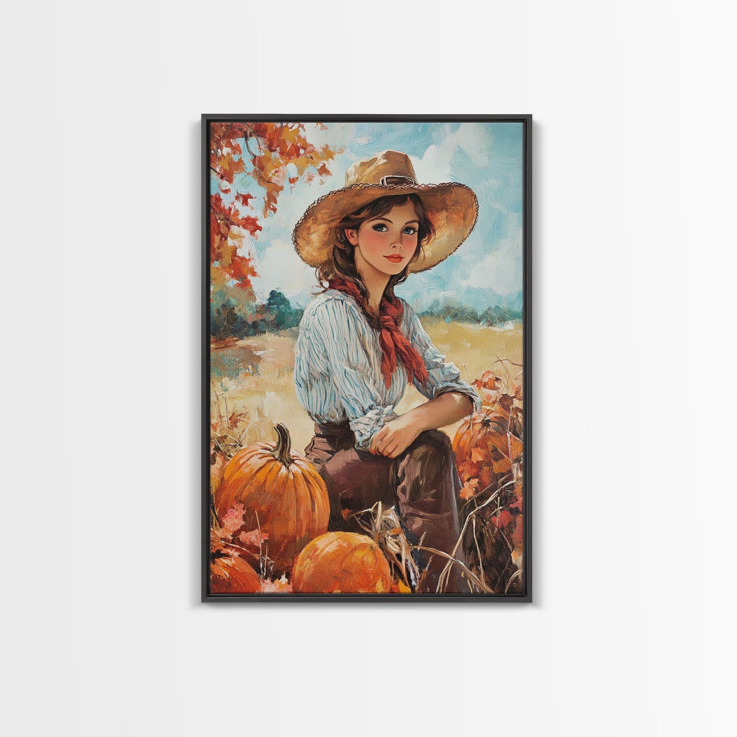 Country fall harvest framed canvas print pumpkins and a serene autumn landscape perfect seasonal wall art for rustic farmhouse home decor
