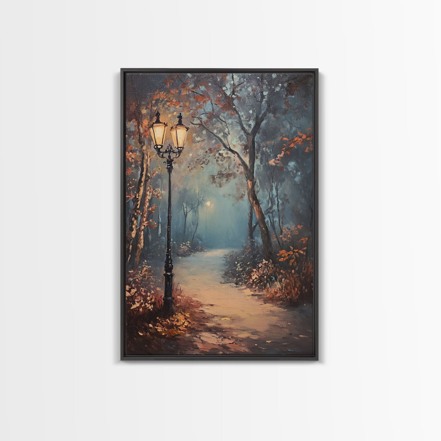Spooky Street Lights In The City Park, Framed Canvas Print, Wood Framed Wall Art, Fall Decor, Holiday Decor, Seasonal Gift Idea