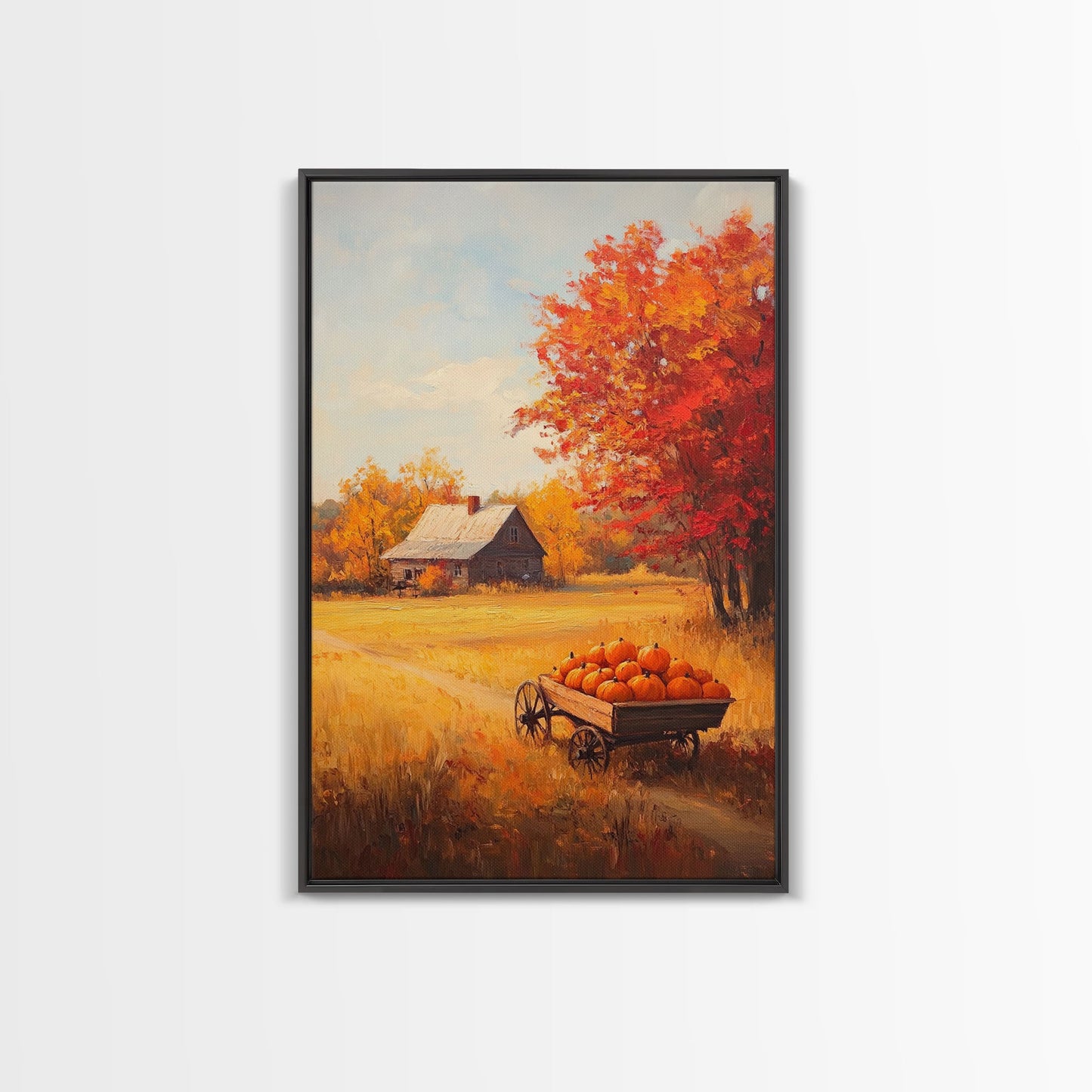 Pumpkin Cart In Fall Field Framed Canvas Print Rustic Autumn Country Farmhouse Decor Perfect Seasonal Art For Farmhouse Christmas Wall Art
