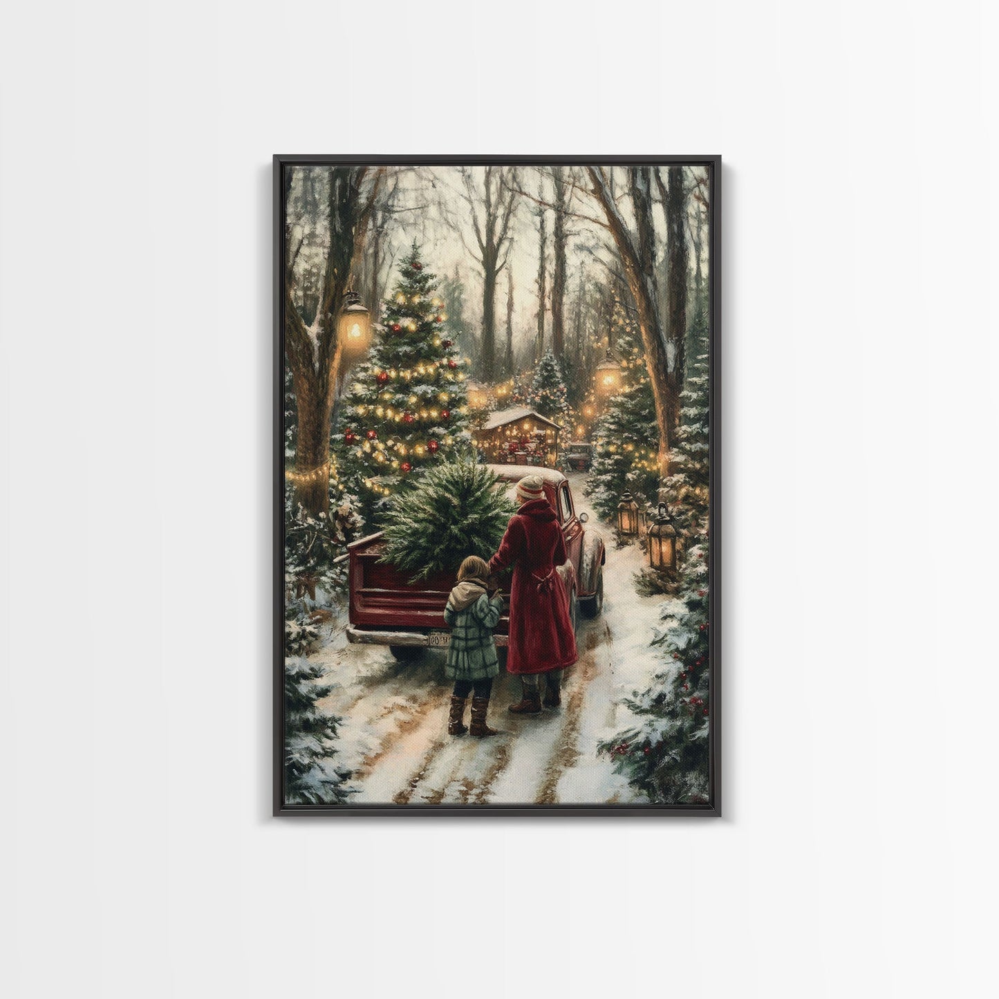 Rustic Christmas Tree Farm with Red Truck in Snowy Forest, Ideal Farmhouse Christmas Decor for Holiday Wall Art, Framed Canvas Print