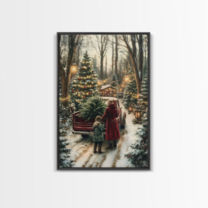 Rustic Christmas Tree Farm with Red Truck in Snowy Forest, Ideal Farmhouse Christmas Decor for Holiday Wall Art, Framed Canvas Print