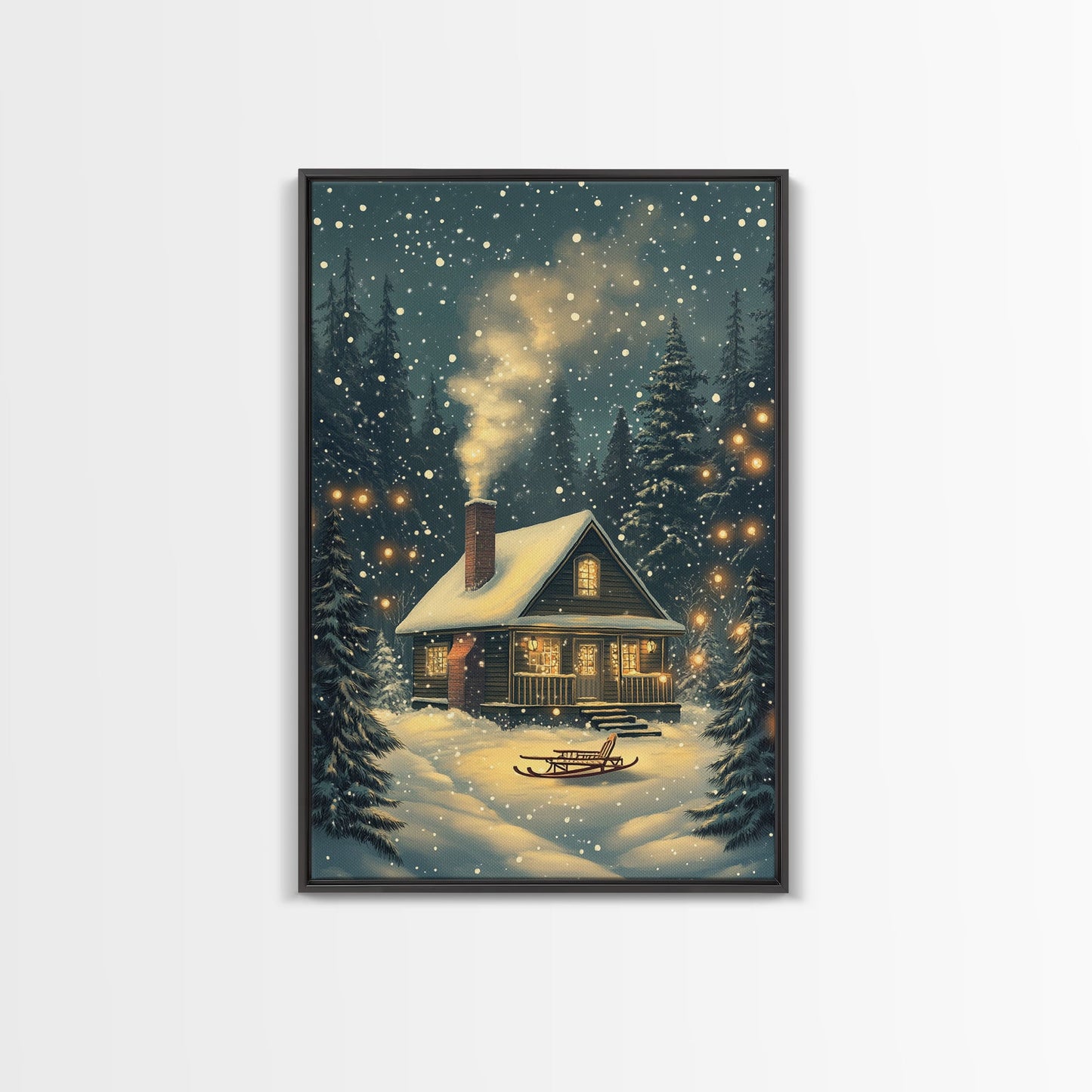 Cozy Cabin in Snowy Winter Forest, Warm Christmas Lights and Peaceful Holiday Scene, Perfect for Winter Wall Art, Framed Canvas Print
