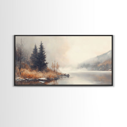 Fall On The River, Framed Canvas Print, Beautiful Watercolor Painting Of an Autumn Landscape, Ready To Hang Seasonal Decor