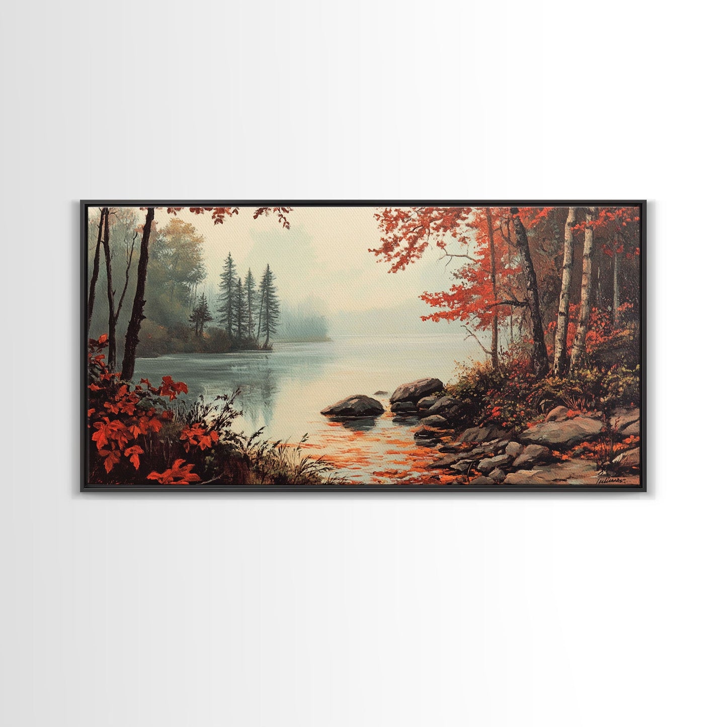 Fall On The River, Rustic Landscape Painting, Primitive Wall Art, Framed Canvas Print, retro festive holiday wall art Christmas decor