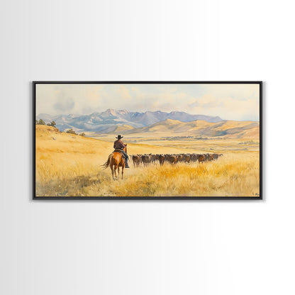 Cowboy On Snowy Path Framed Canvas Print Tall Art Winter Wonderland Western Christmas Decor Rustic Winter Wall Art Gift Cowboy Holiday Gift