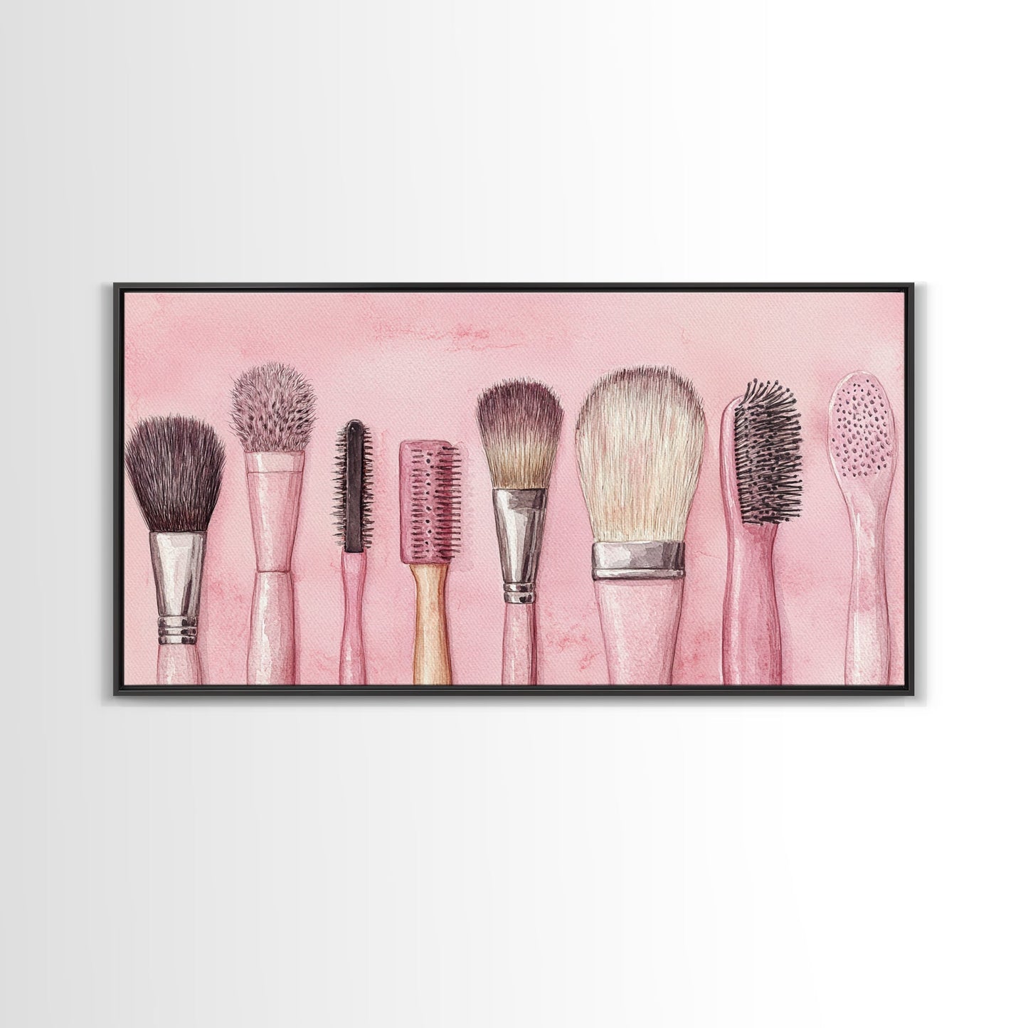 Makeup Brush Art Framed Canvas Print, Light Pink Chinoiserie Wall Art Whimsical Decor, Minimalist Art Rustic Wall Gift Idea
