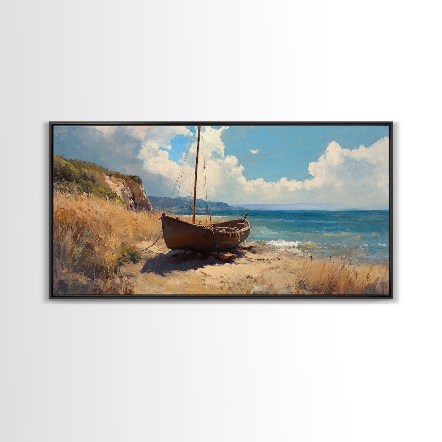 Rustic Sailboat Framed Canvas Print Nautical Wall Art Coastal Landscape Art Barn Landscape Oil Painting Rustic Decor Above Sofa Art