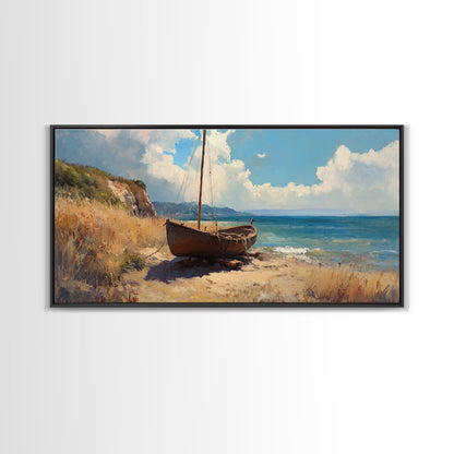 Rustic Sailboat Framed Canvas Print Nautical Wall Art Coastal Landscape Art Barn Landscape Oil Painting Rustic Decor Above Sofa Art