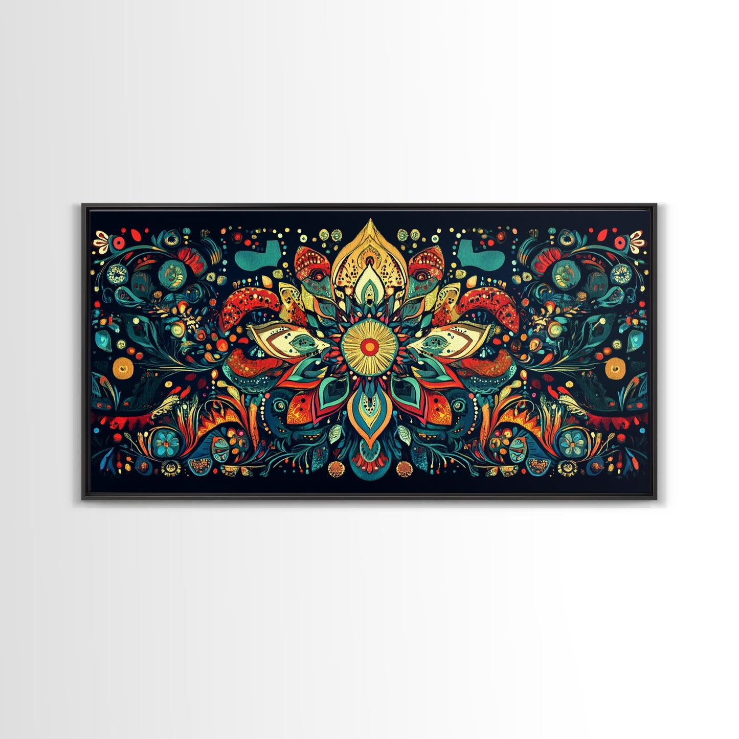 Elaborate Mandala Framed Canvas Print, Vibrant Boho Art, Spiritual Zen Wall Art, Geometric Ethereal Painting, Colorful Sacred Geometry