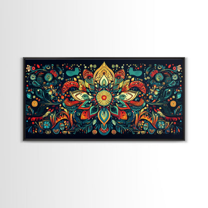 Elaborate Mandala Framed Canvas Print, Vibrant Boho Art, Spiritual Zen Wall Art, Geometric Ethereal Painting, Colorful Sacred Geometry