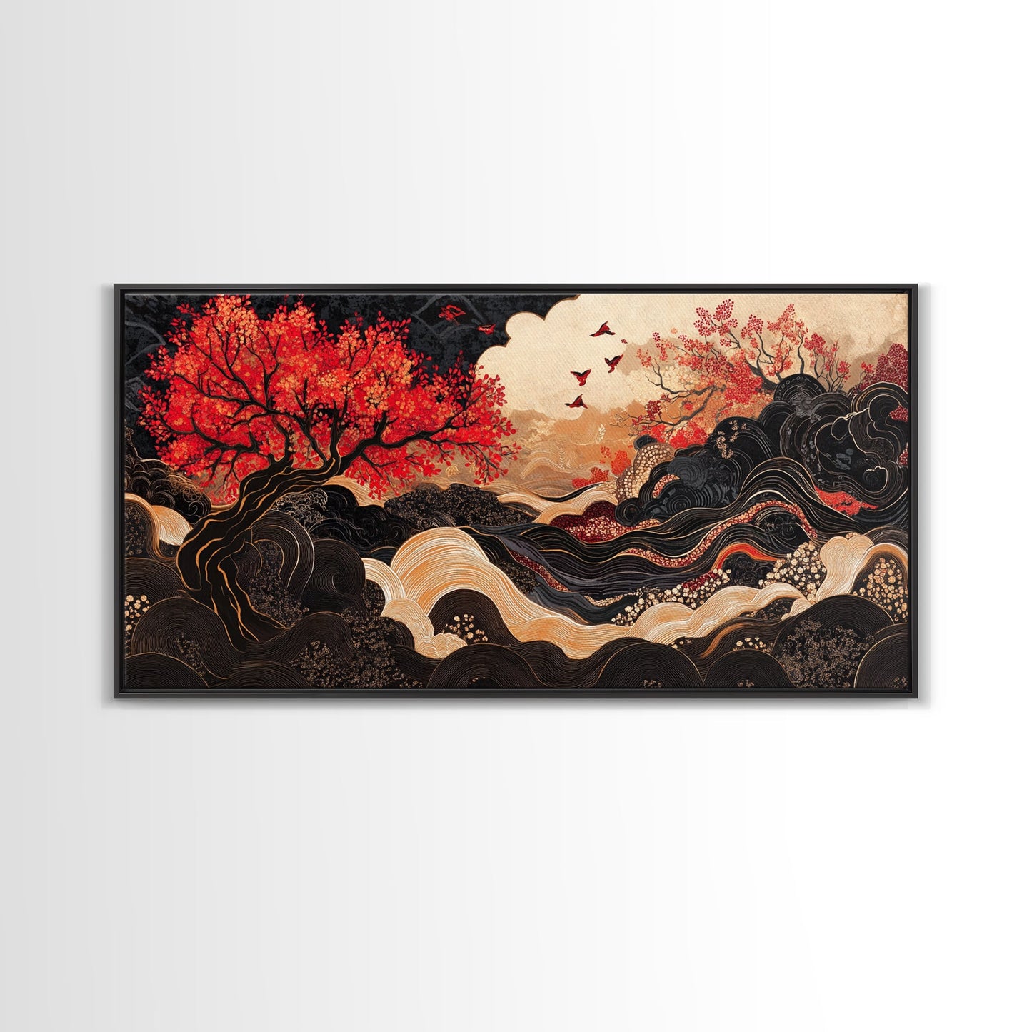 Japanese Inspired Framed Canvas Print Featuring Chinoiserie Wall Art and Autumn Tree Painting Unique Horizontal Living Room Art