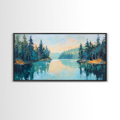 Tranquil Lake, pine tree art, landscape painting, smoky mountain art, panoramic painting, nature painting, Framed Canvas Print