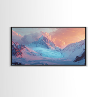 Snowy Mountain Scene, Landscape Painting, Moody Art, Extra Wide Art, Framed Canvas Print, Winter Decor, Bedroom Art
