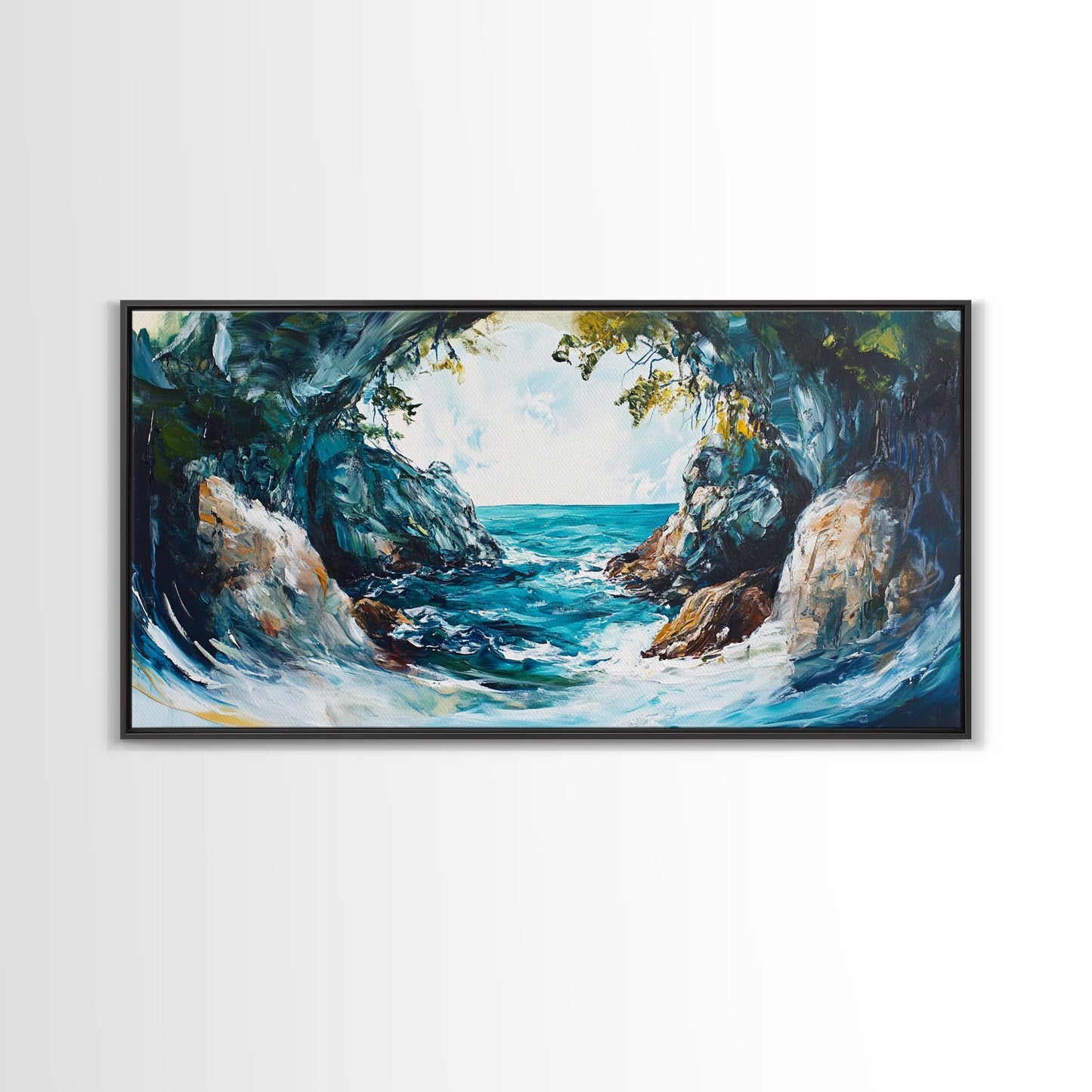 Ocean Cave, coastal landscape art, seascape painting, blue and green wall art, framed canvas print, extra wide art, beach painting