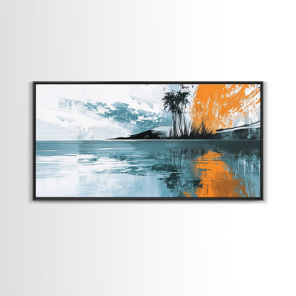 Palm Reflection, tropical coastal art, framed canvas print, coastal cowgirl wall art, panoramic painting, modern abstract art