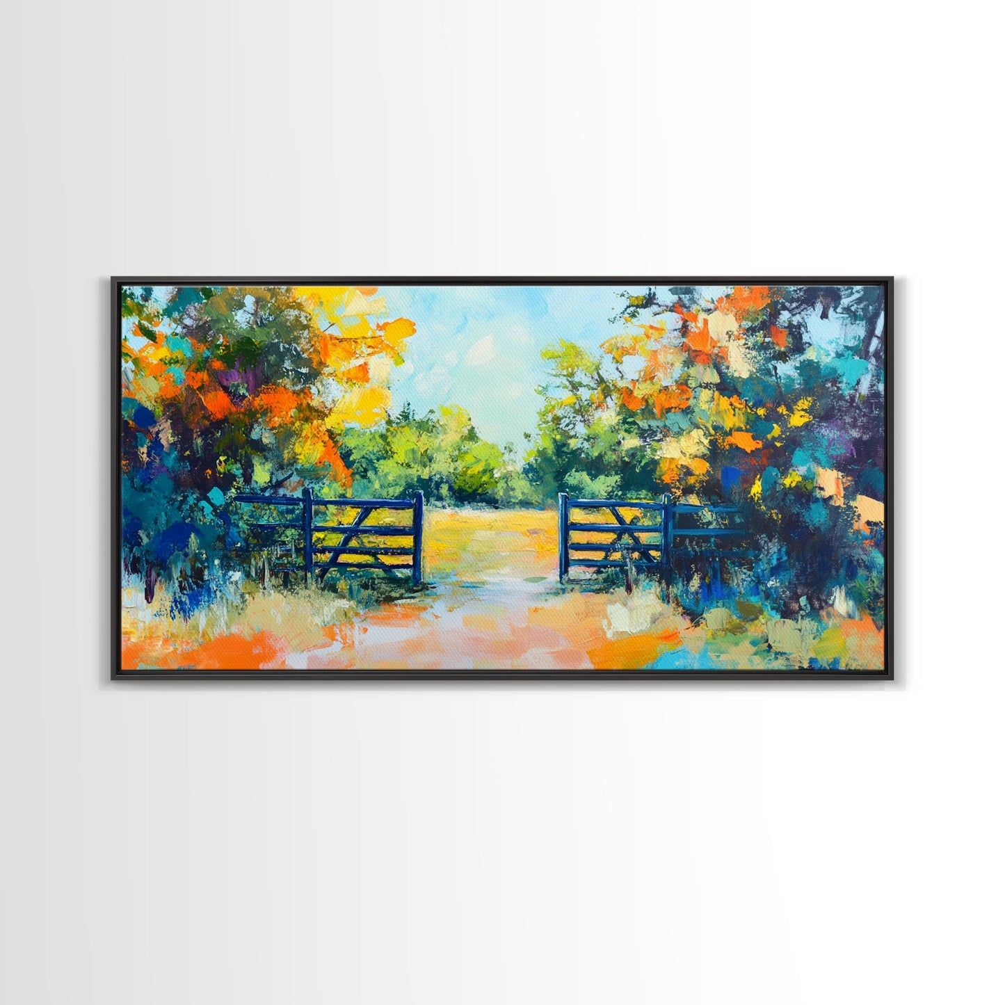 Open Gate, countryside painting, landscape art, framed canvas print, autumn wall art, farmhouse decor, rustic art, extra wide art