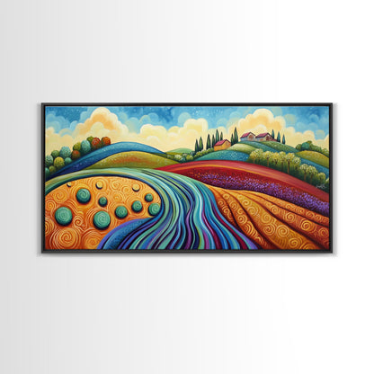 Whimsical Hills, rolling landscape, colorful fields, abstract nature, bold painting, extra wide art, Framed Canvas Print, rustic art