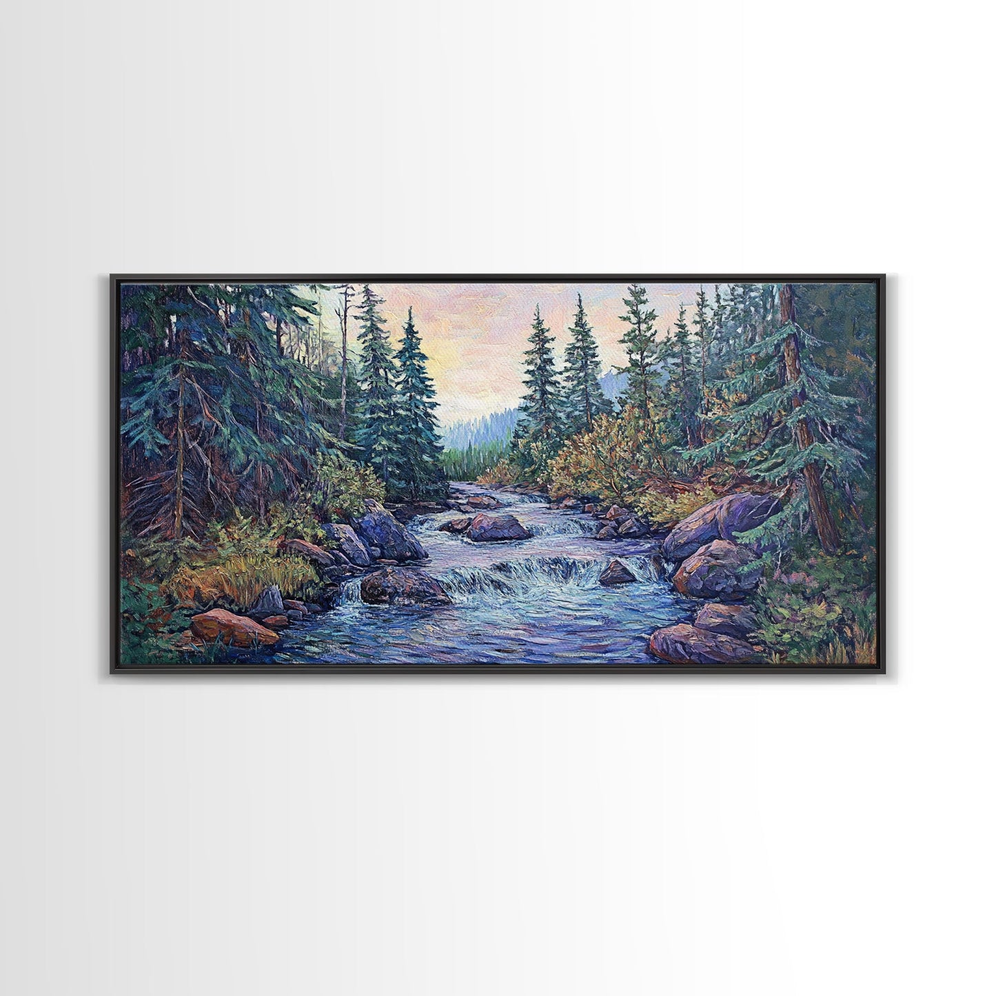 Forest River Scene, pine tree art, mountain painting, landscape painting, smoky mountain art, rustic decor, Framed Canvas Print