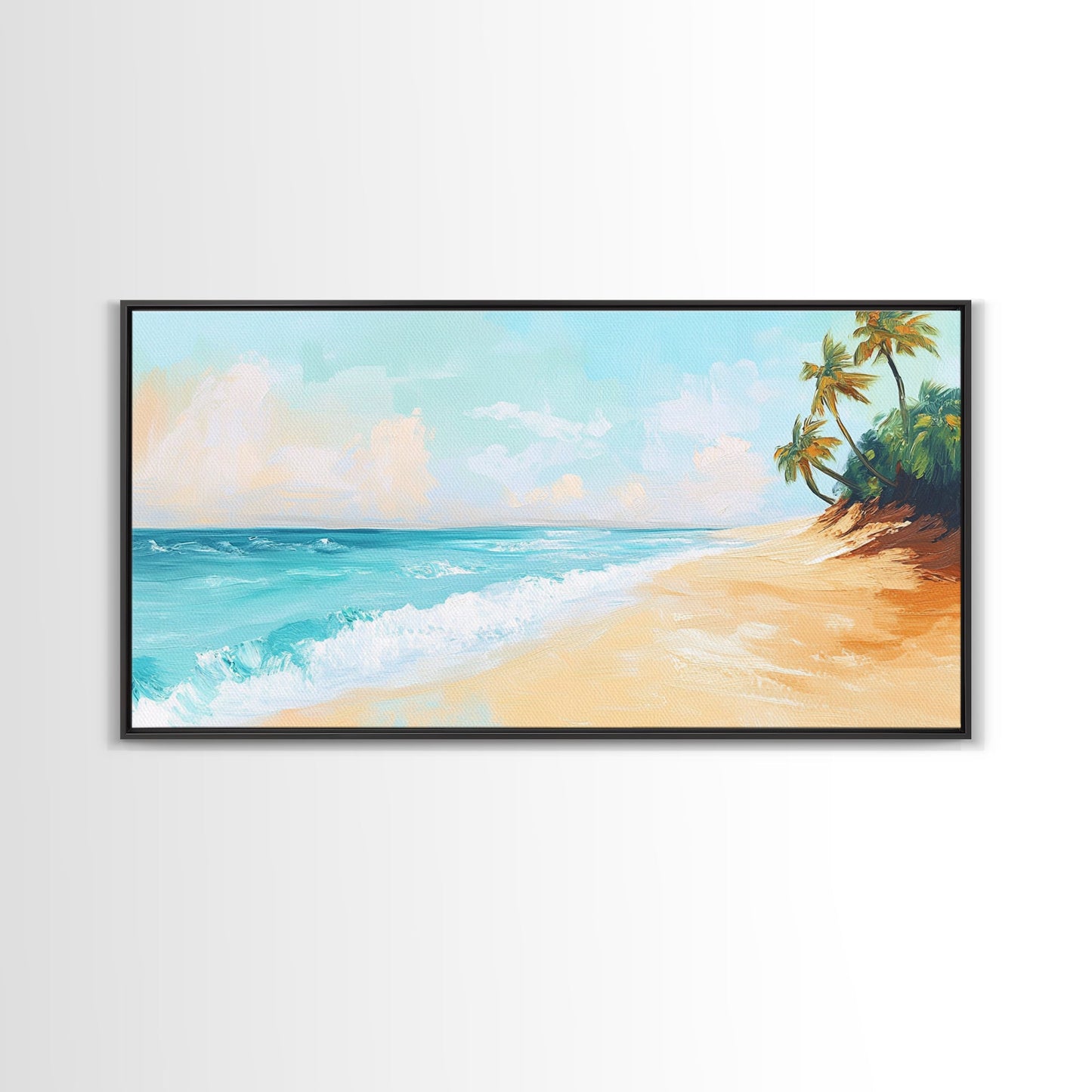 Tropical Beach, Coastal Landscape Art, Nautical Decor, Coastal Cowgirl Wall Art, Framed Canvas Print, Blue and Green Wall Art