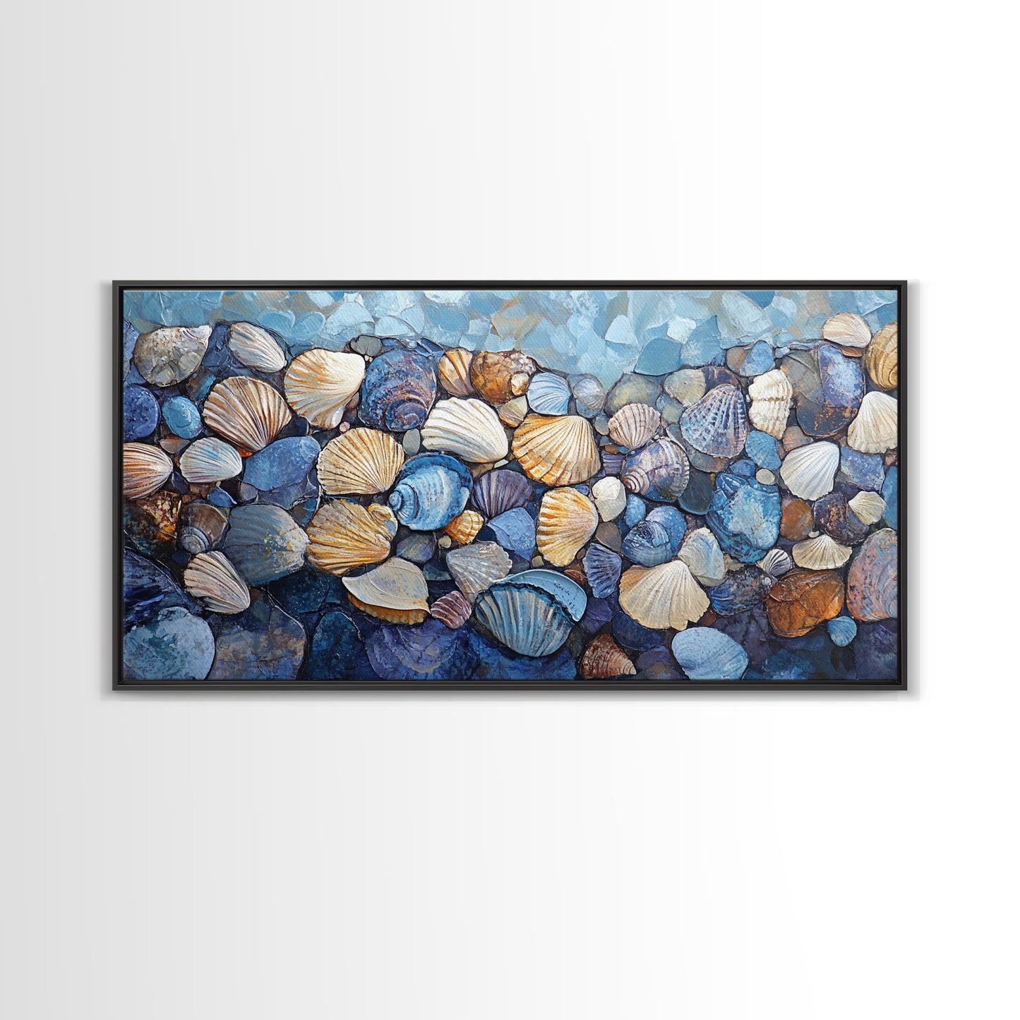 Seashell Beach Art, coastal wall art, oyster shell painting, blue and green wall art, framed canvas print, extra wide art