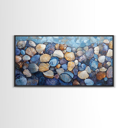 Seashell Beach Art, coastal wall art, oyster shell painting, blue and green wall art, framed canvas print, extra wide art