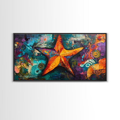 Vibrant starfish, coastal abstract, nautical decor, framed canvas print, ocean painting, coastal painting, whimsical art