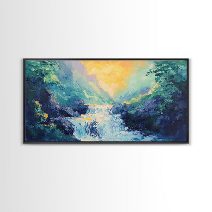 Waterfall Painting, Canvas Print, mountain painting, extra wide painting, nature landscape art, panoramic art, bedroom wall art